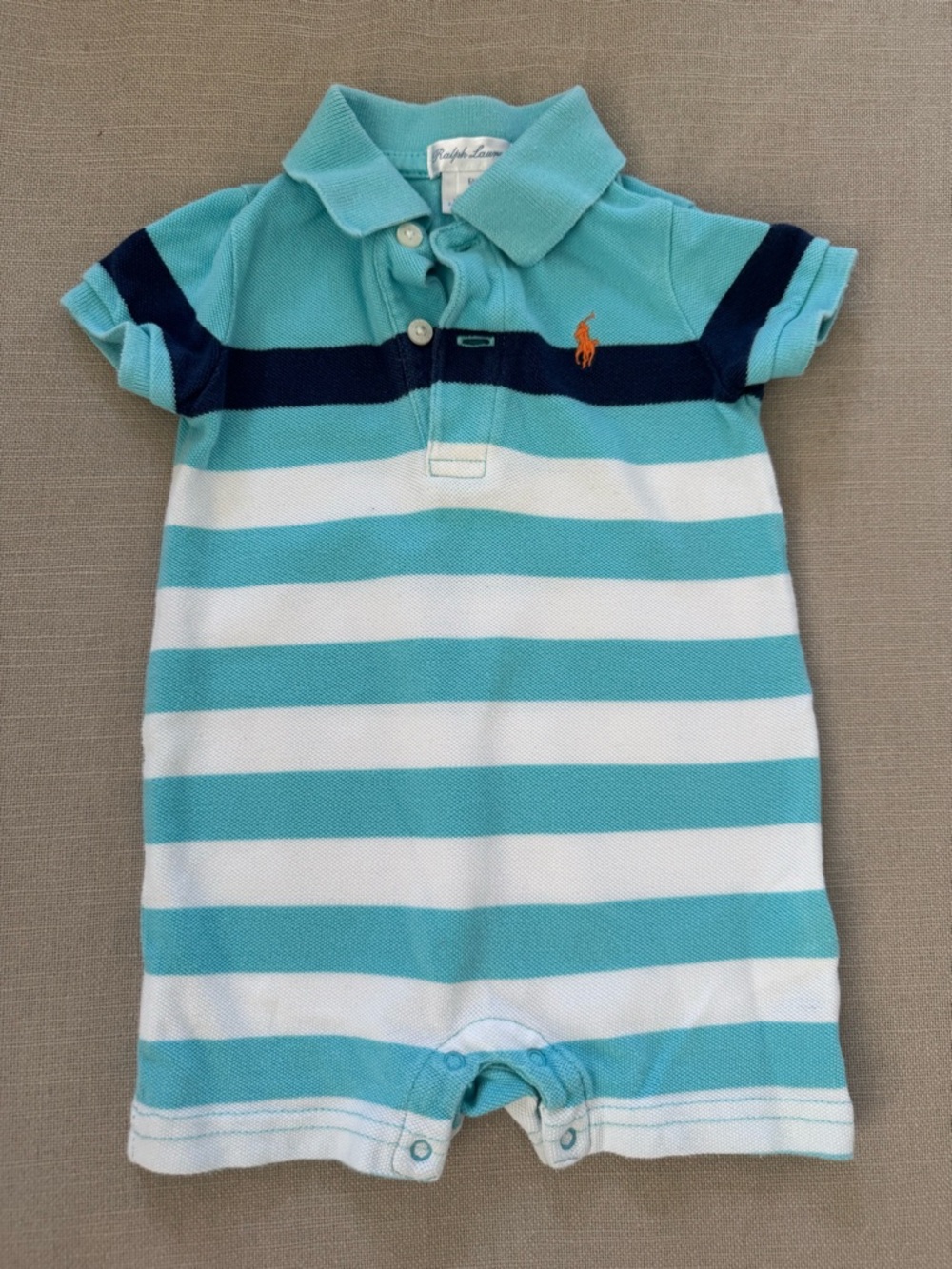 Ralph Lauren Striped Polo Romper - Aqua, White & Navy